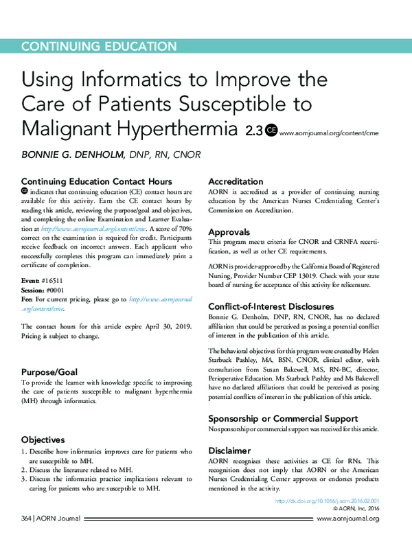 PDF) Using Informatics to Improve the Care of Patients Susceptible to  Malignant Hyperthermia 2.3 www.aornjournal.org/content/cme | Bonnie Denholm  - Academia.edu