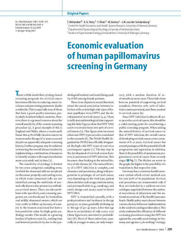 (PDF) Economic evaluation of human papillomavirus screening in Germany