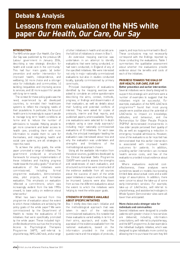 (PDF) Lessons from evaluation of the NHS white paper Our Health, Our ...