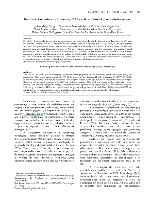 (PDF) Rosenberg Self-Esteem Scale (RSS): factorial validity and ...