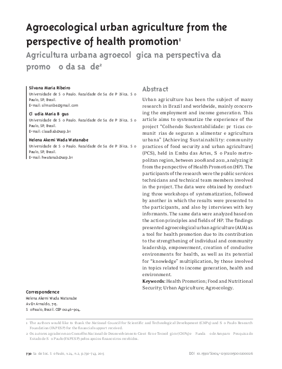 (PDF) Agroecological urban agriculture from the perspective of health ...