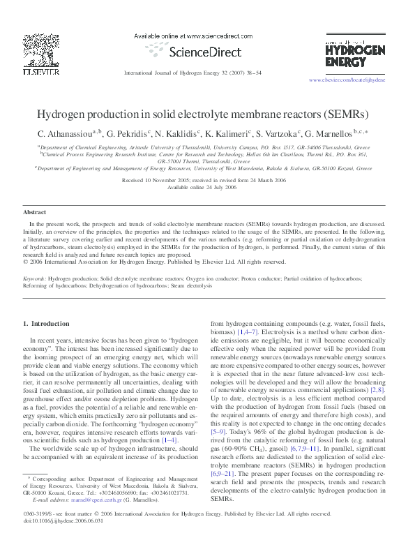(PDF) Hydrogen production in solid electrolyte membrane reactors (SEMRs)