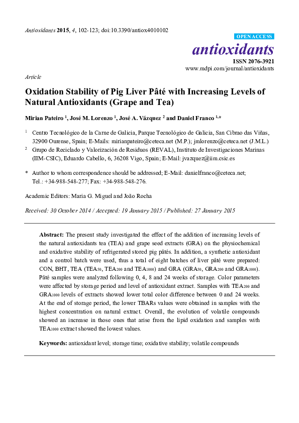 (PDF) Oxidation Stability of Pig Liver Pâté with Increasing Levels of Natural Antioxidants