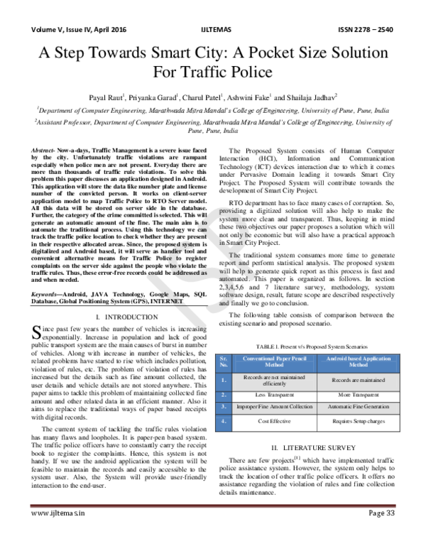 (PDF) A Step Towards Smart City: A Pocket Size Solution For Traffic Police