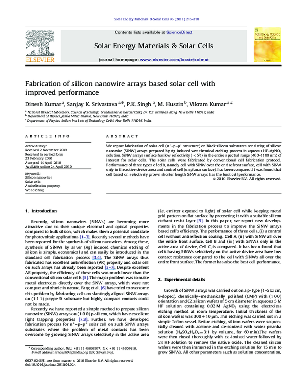 (PDF) Fabrication of silicon nanowire arrays based solar cell with ...