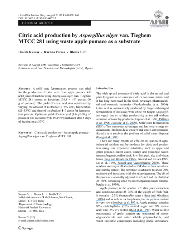 (PDF) Citric acid production by Aspergillus niger van. Tieghem MTCC 281 ...