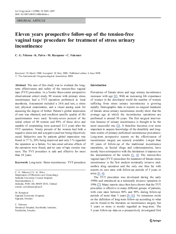 (PDF) Eleven years prospective followup of the tensionfree vaginal