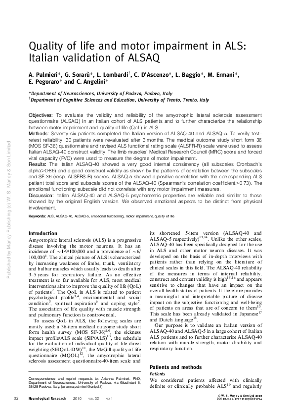 (PDF) Quality of life and motor impairment in ALS: Italian validation ...