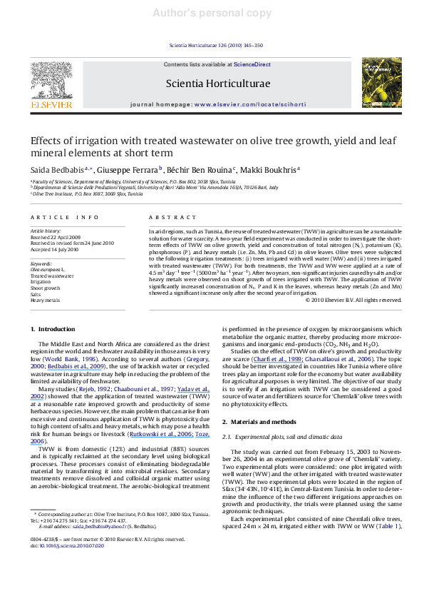 (PDF) Effects of irrigation with treated wastewater on olive tree ...