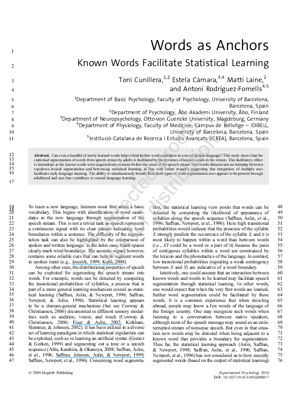 (PDF) Words as Anchors T. Cunillera and Matti Laine Academia.edu