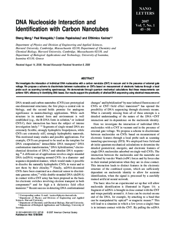 (PDF) DNA Nucleoside Interaction and Identification with Carbon Nanotubes