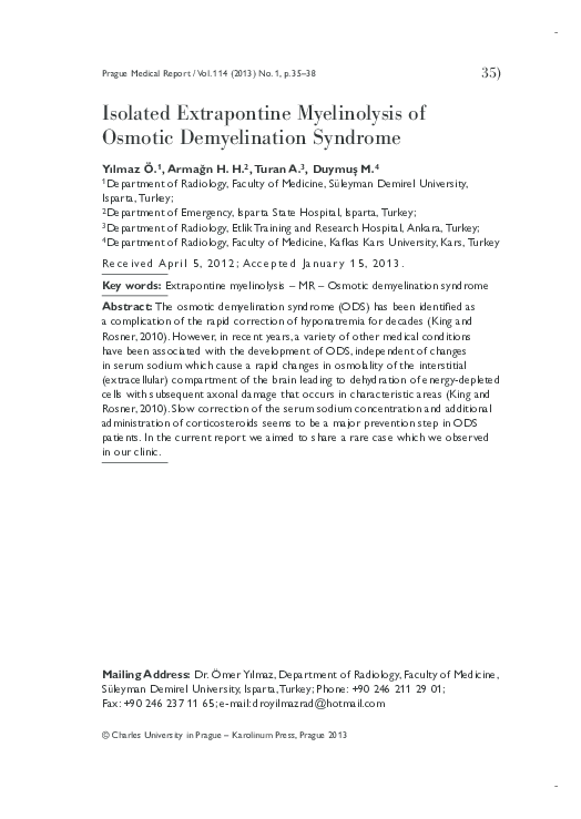 (PDF) Isolated Extrapontine Myelinolysis of Osmotic Demyelination Syndrome