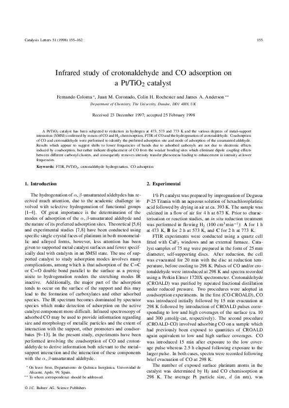 (PDF) Infrared study of crotonaldehyde and CO adsorption on a Pt/TiO2 ...