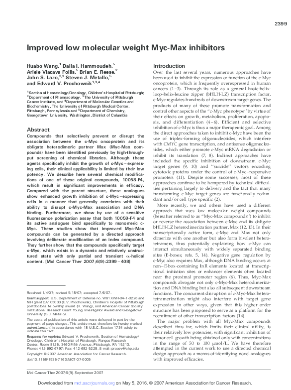 (PDF) Improved low molecular weight Myc-Max inhibitors