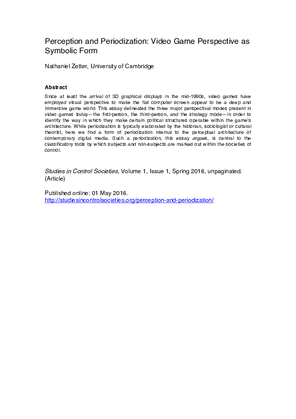 (PDF) Perception and Periodization Video Game Perspective as Symbolic