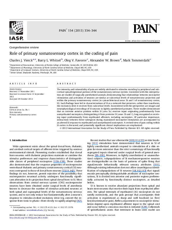 (PDF) Role of primary somatosensory cortex in the coding of pain