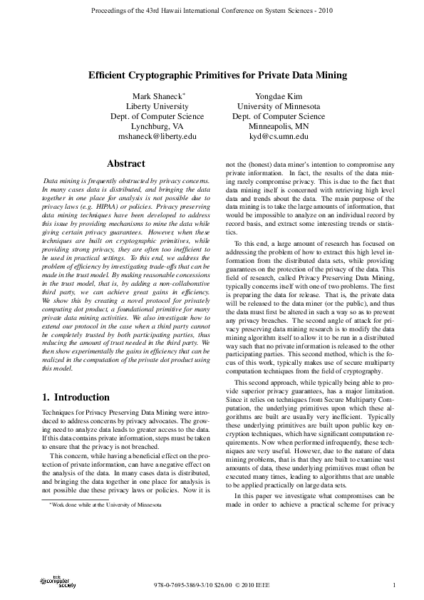 (PDF) Efficient Cryptographic Primitives for Private Data Mining | Mark ...