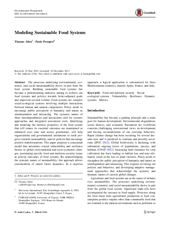 (PDF) Modeling Sustainable Food Systems