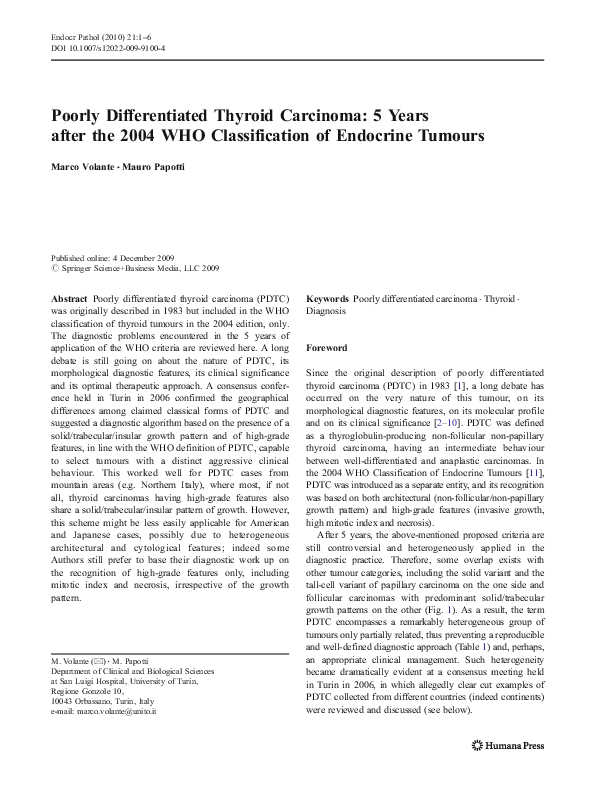 (PDF) Poorly Differentiated Thyroid Carcinoma: 5 Years after the 2004 ...