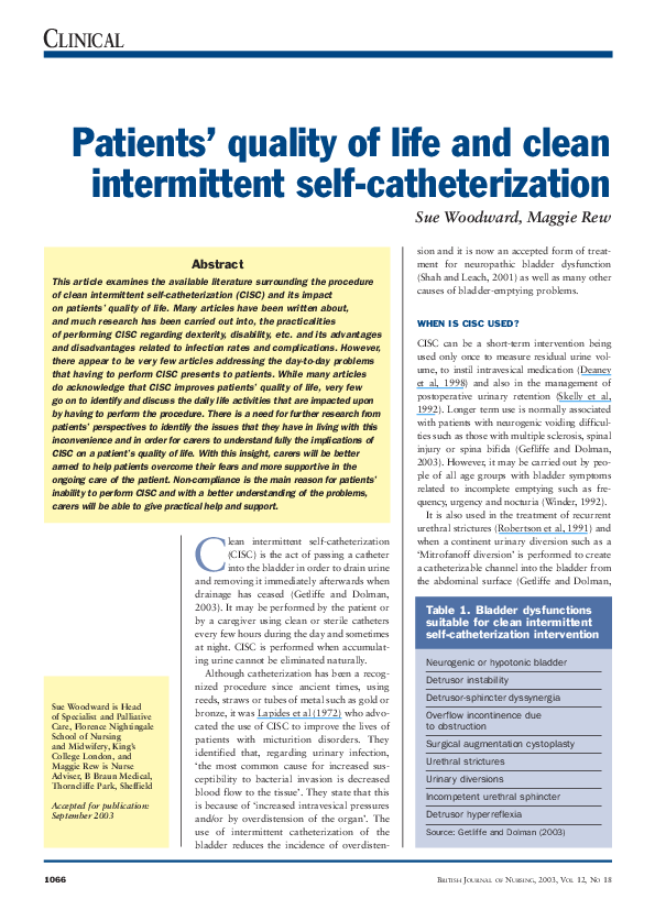 (PDF) Patients' quality of life and clean intermittent selfcatheterization Sue Woodward