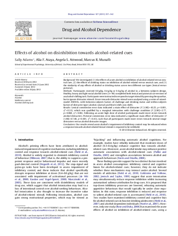 (PDF) Effects of alcohol on disinhibition towards alcohol-related cues
