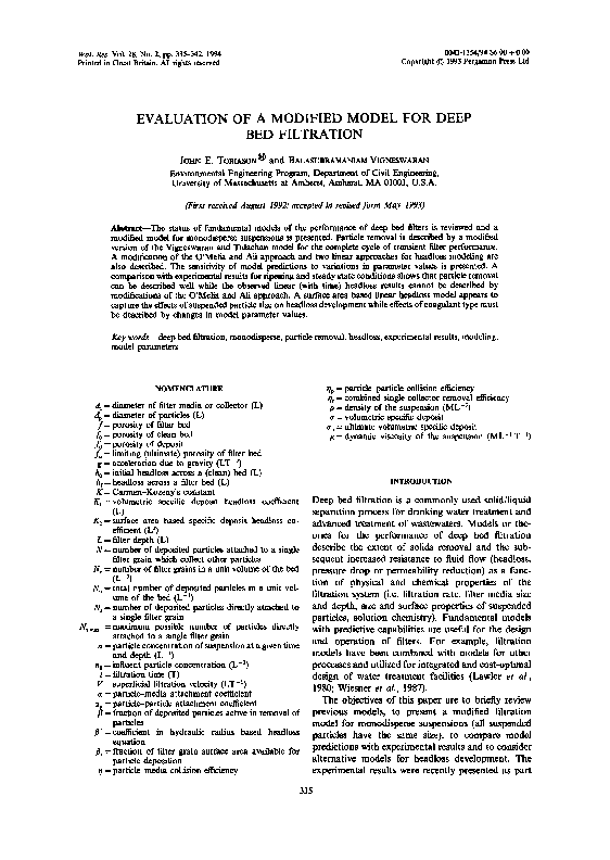 (PDF) Evaluation of a modified model for deep bed filtration