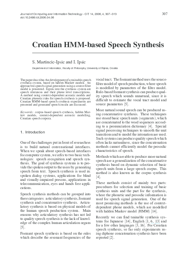 (PDF) Croatian HMM-based Speech Synthesis