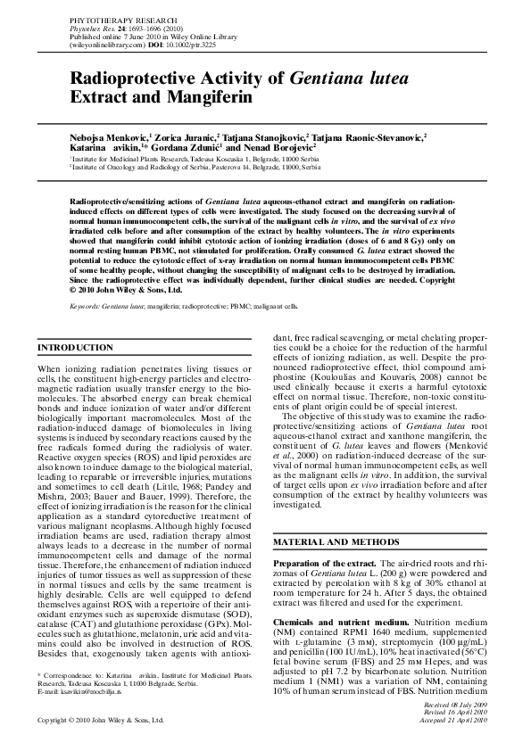 (PDF) Radioprotective activity of Gentiana lutea extract and mangiferin