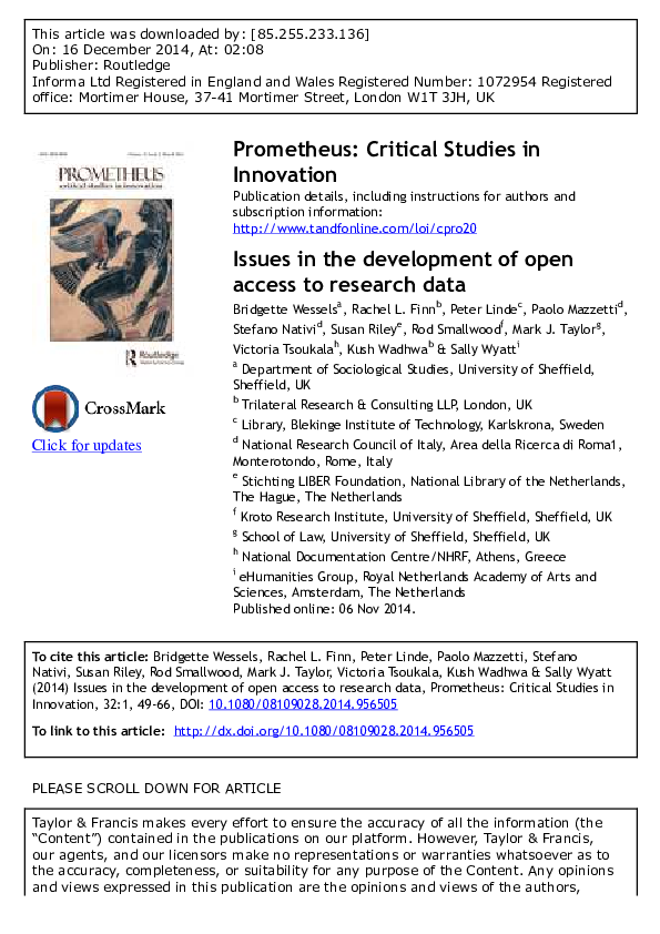 (PDF) Issues in the development of open access to research data