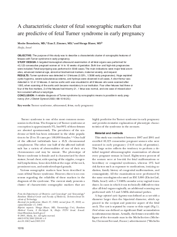 (PDF) A characteristic cluster of fetal sonographic markers that are predictive of fetal Turner