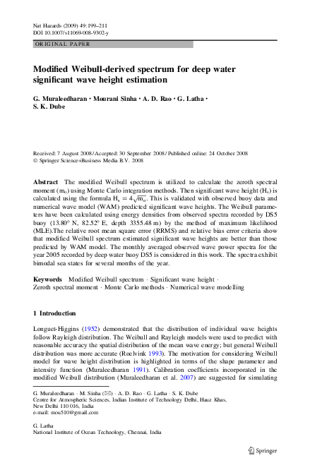 (PDF) Modified Weibull-derived spectrum for deep water significant wave ...