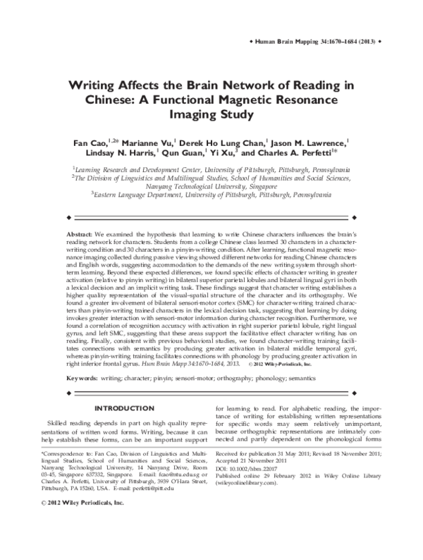 (PDF) Writing affects the brain network of reading in Chinese: A ...