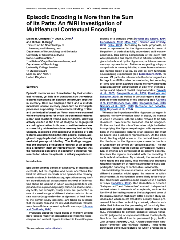 (PDF) Episodic Encoding Is More than the Sum of Its Parts: An fMRI ...