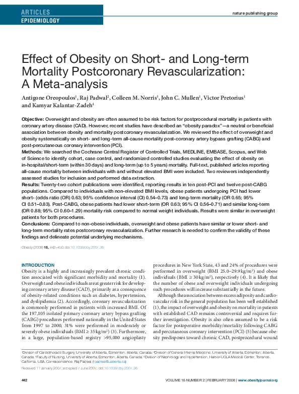 Pdf Effect Of Obesity On Short And Long Term Mortality Postcoronary