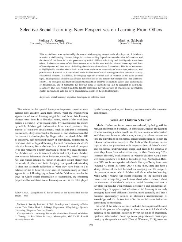 (PDF) Selective social learning: New perspectives on learning from others