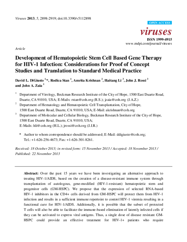 (PDF) Development of hematopoietic stem cell based gene therapy for HIV ...