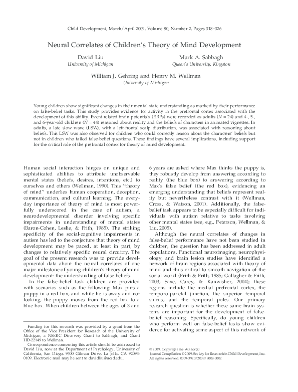 (PDF) Neural Correlates of Childrenâ s Theory of Mind Development
