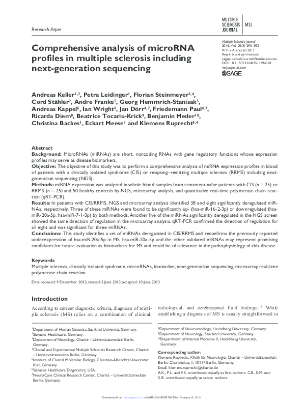 (PDF) Comprehensive analysis of microRNA profiles in multiple sclerosis ...