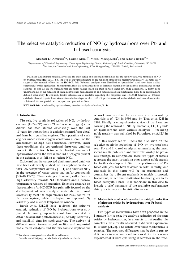 (PDF) The Selective Catalytic Reduction of NO by Hydrocarbons over Pt ...