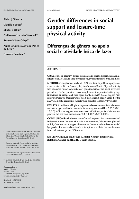 (PDF) Gender differences in social support and leisure-time physical ...
