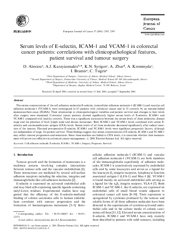 (PDF) Serum levels of E-selectin, ICAM-1 and VCAM-1 in colorectal ...