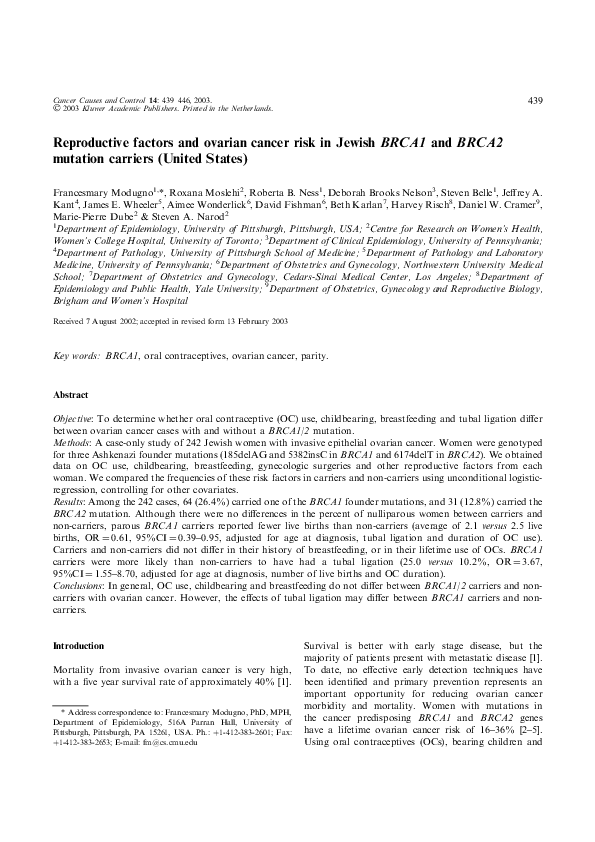 (PDF) Reproductive factors and ovarian cancer risk in Jewish BRCA1 and ...