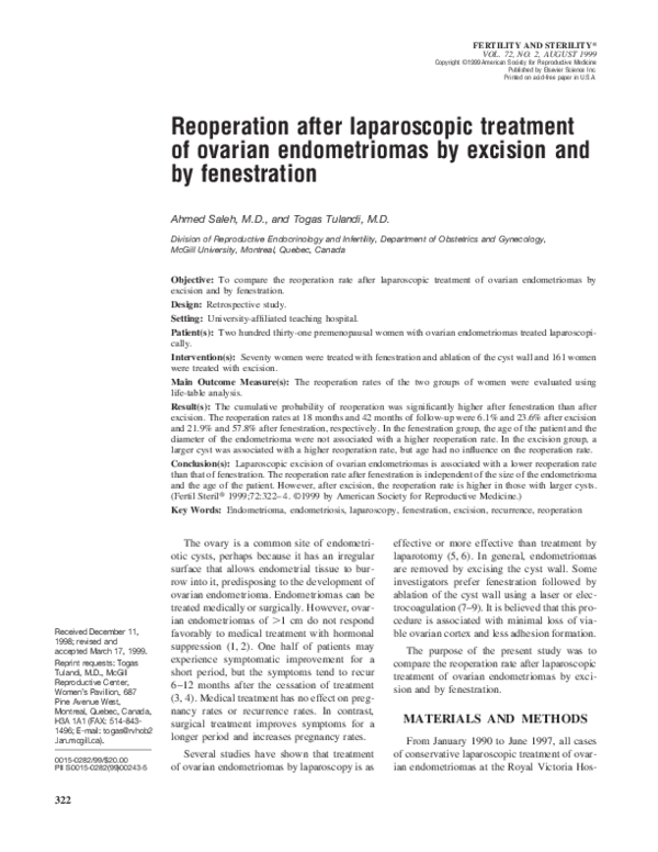 (PDF) Reoperation after laparoscopic treatment of ovarian endometriomas ...