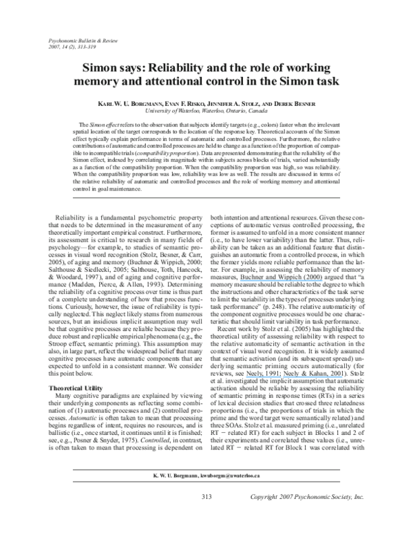 (PDF) Simon says: Reliability and the role of working memory and ...