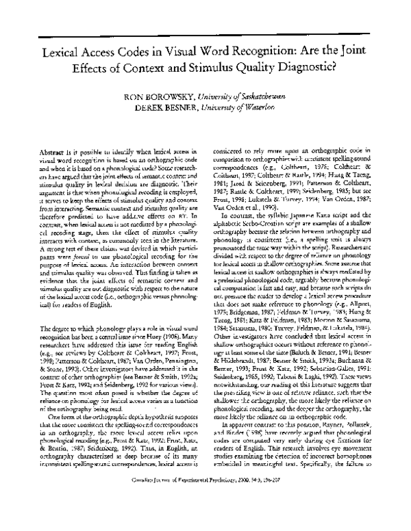 (PDF) Lexical Access Codes in Visual Word Recognition: Are the Joint ...