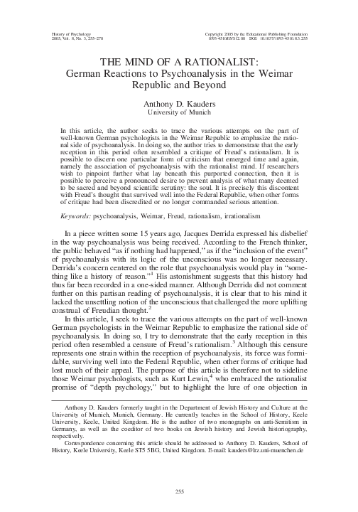 (PDF) The mind of a rationalist: German reactions to psychoanalysis in ...