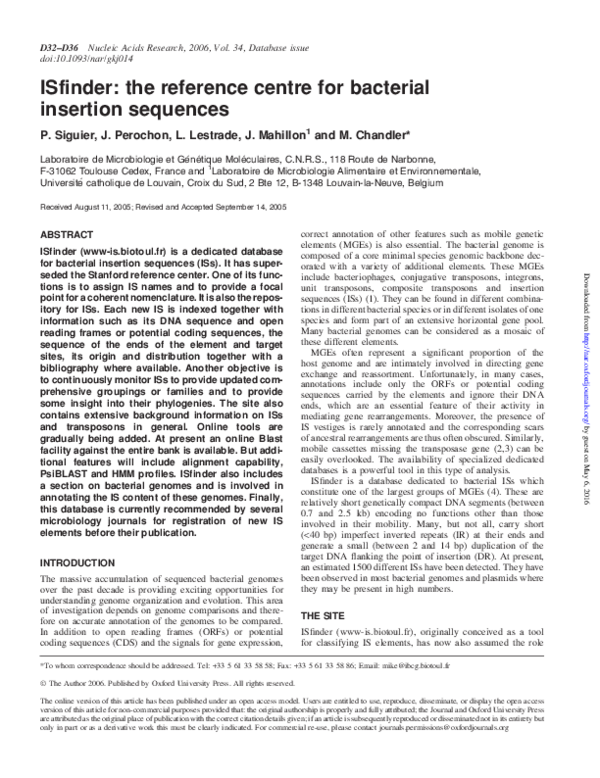 (PDF) ISfinder: the reference centre for bacterial insertion sequences