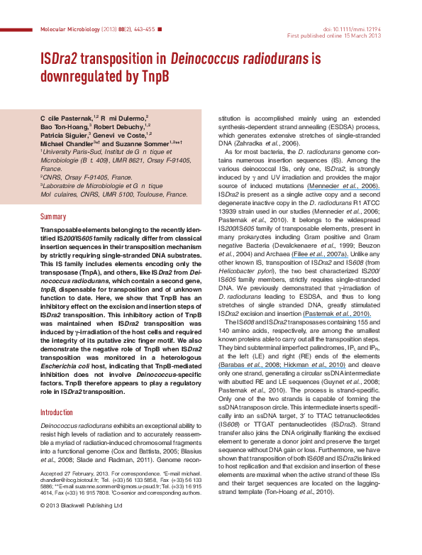 (PDF) IS Dra 2 transposition in D einococcus radiodurans is ...