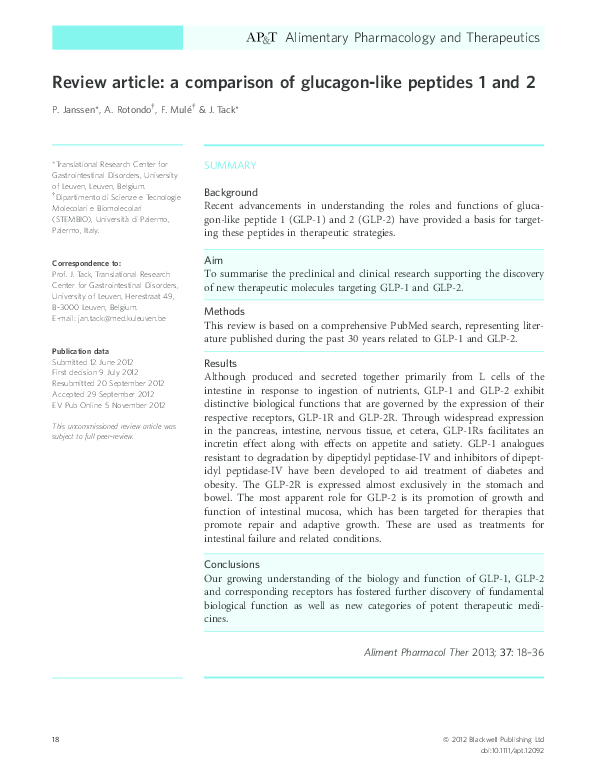 (PDF) Review article: a comparison of glucagon-like peptides 1 and 2