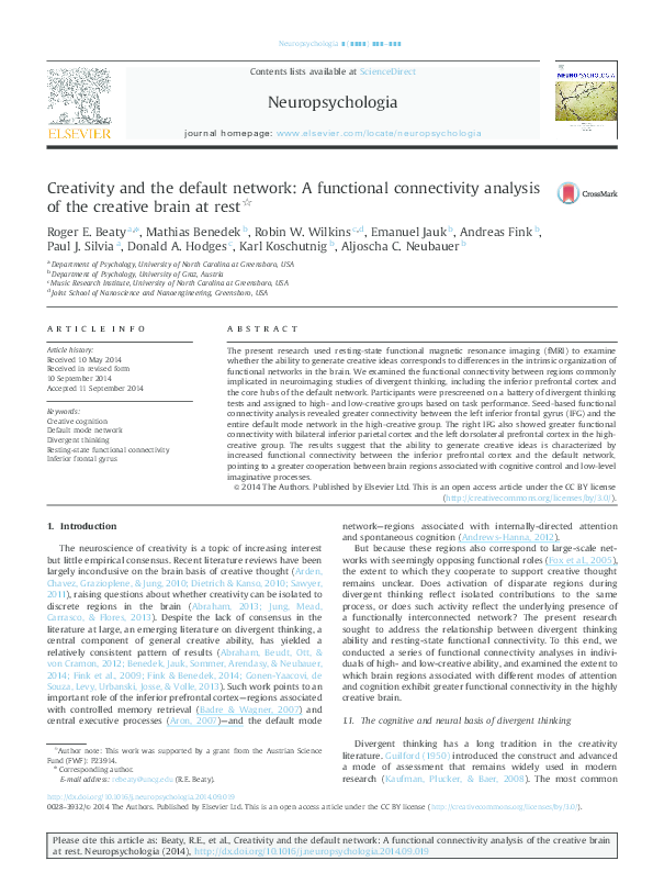 (PDF) Creativity and the default network: A functional connectivity ...